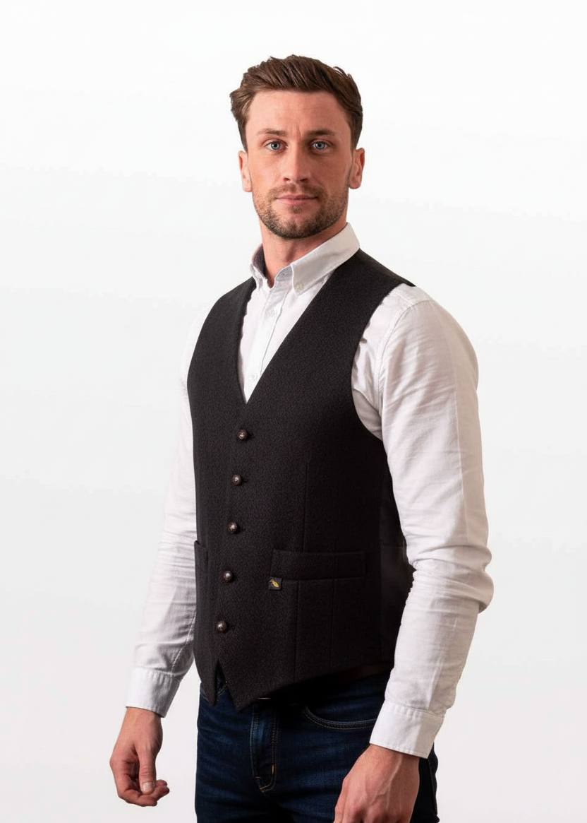 Donegal Tweed Black Waistcoat - Premium Irish Heritage Vest | Hatman of Ireland