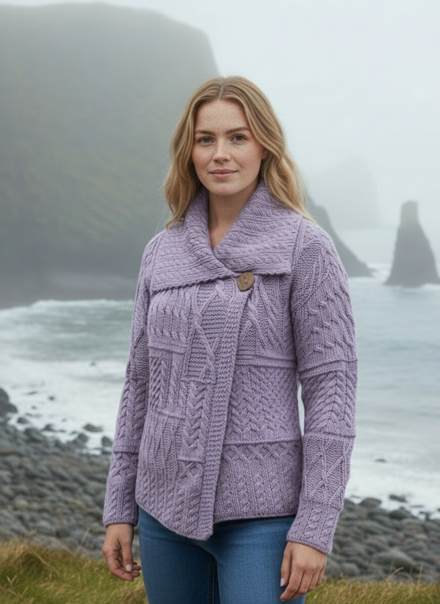 Patchwork Ladies Aran Cardigan | Lavender Merino Wool