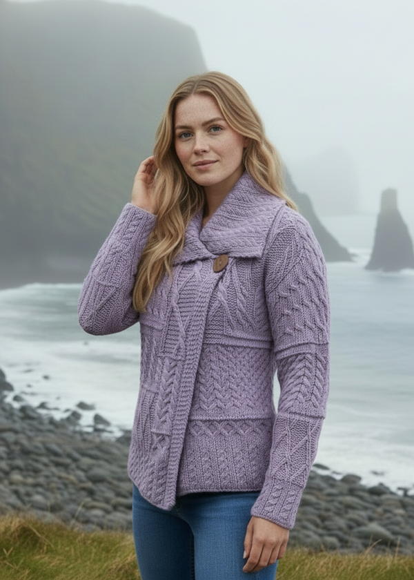 Woman wearing a purple knitted coat standing in a coastal landscape with foggy mountains.