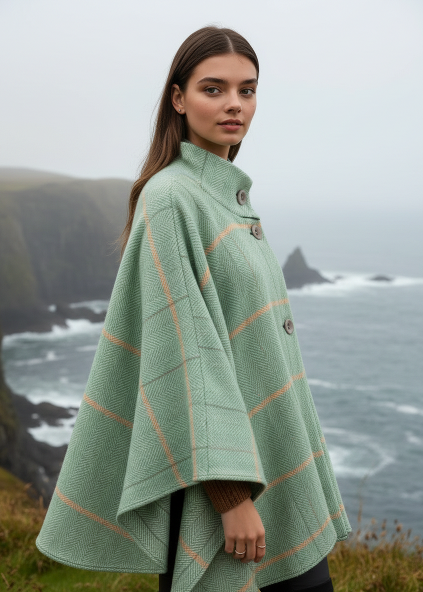 Jimmy Hourihan Irish Wool Cape - Green Herringbone Check