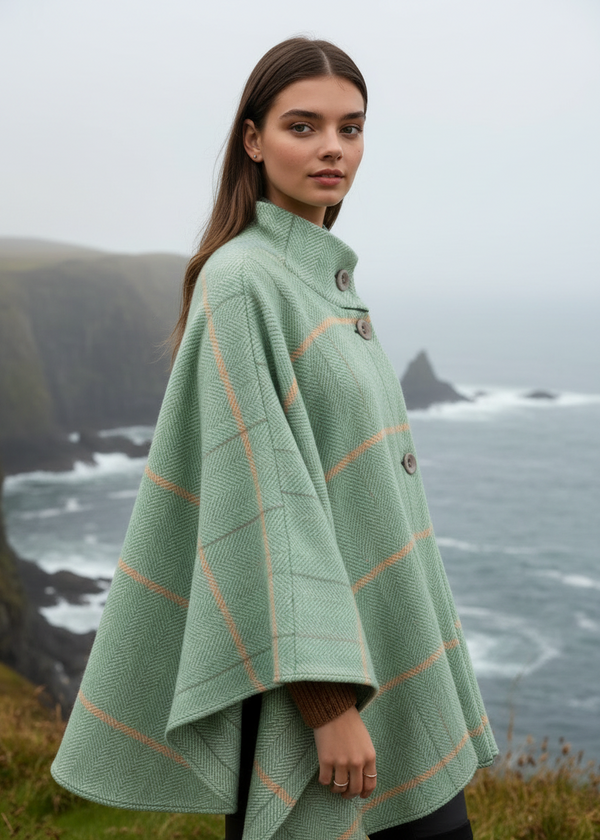 Jimmy Hourihan Irish Wool Cape - Green Herringbone Check