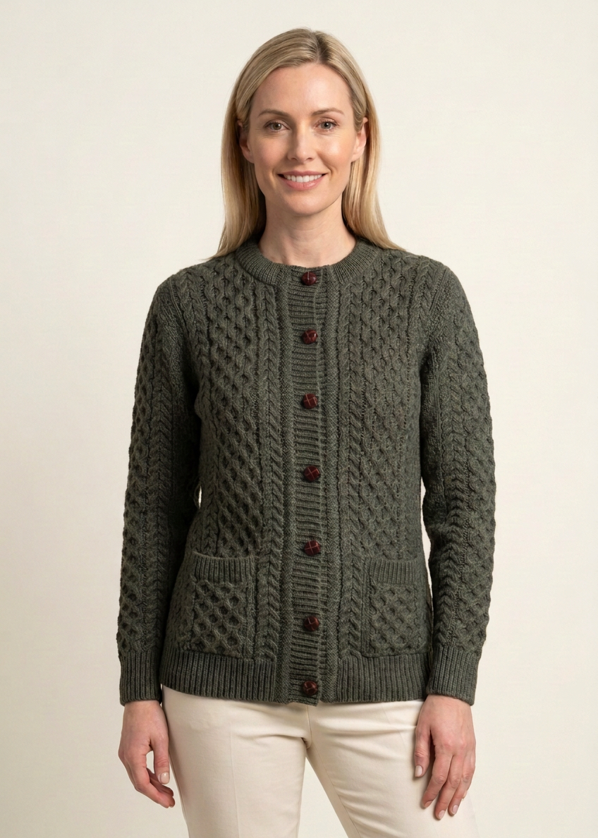 Aran Merino Wool Cable Knit Cardigan | Army Green