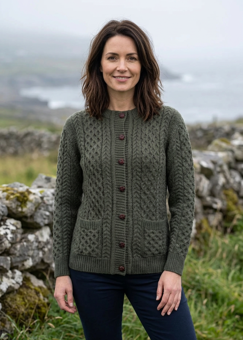 Aran Merino Wool Cable Knit Cardigan | Army Green