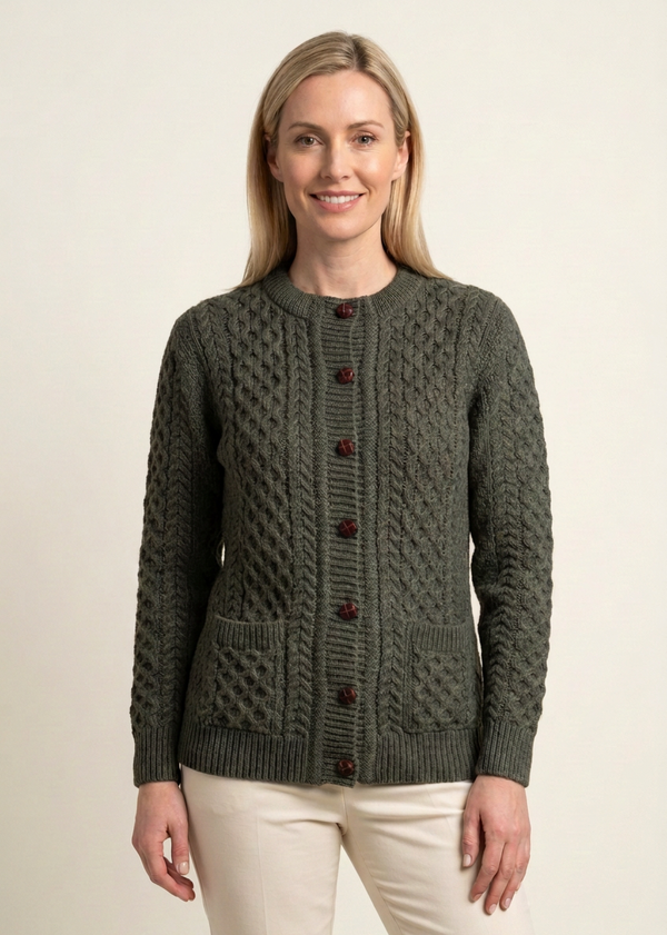 Aran Merino Wool Cable Knit Cardigan | Army Green