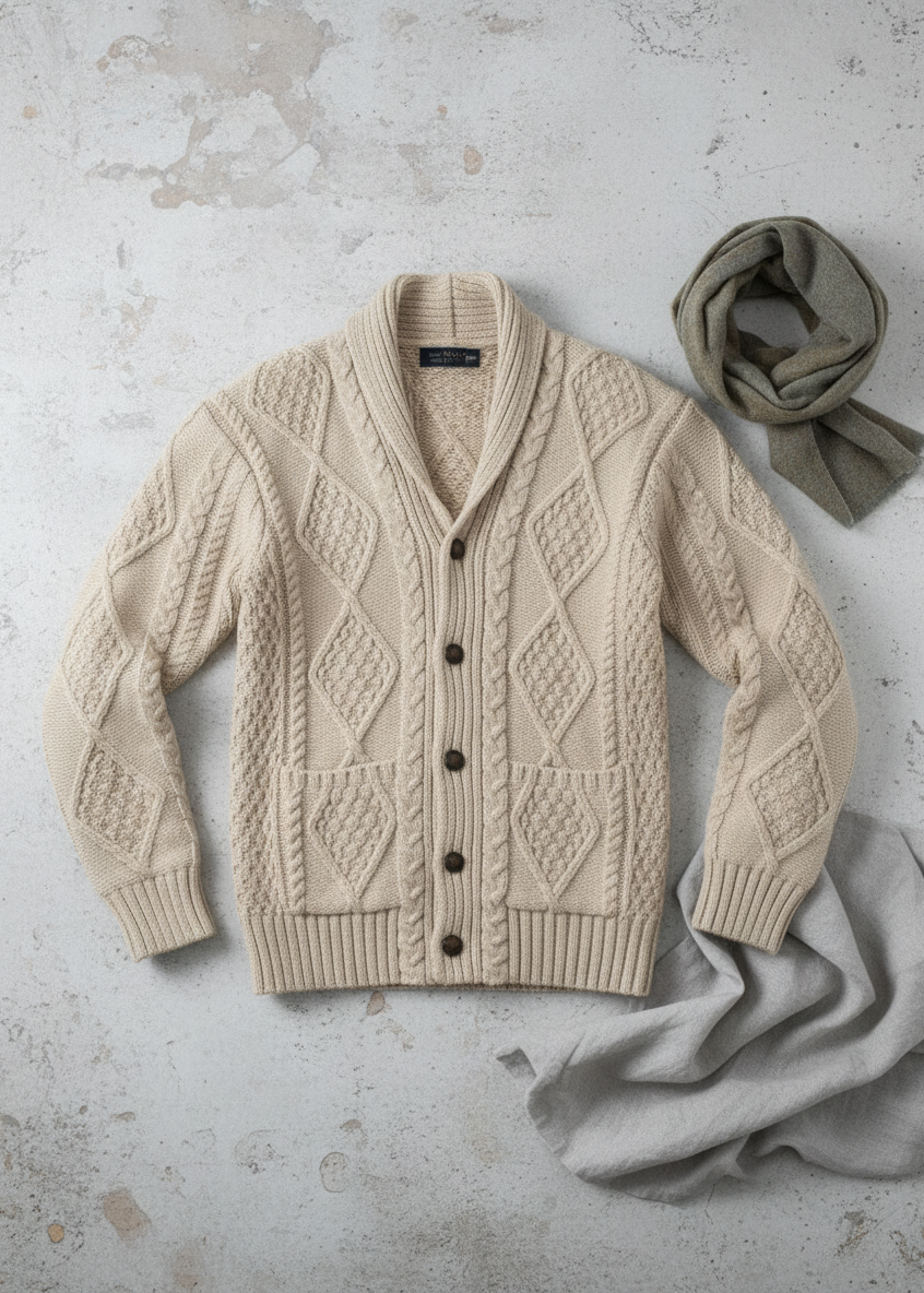 Men's Aran Shawl Collar Cardigan | Oatmeal | 100% Merino Wool