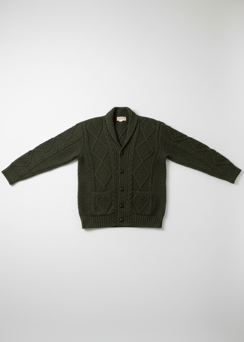 Flat lay of Army Green Aran Cardigan