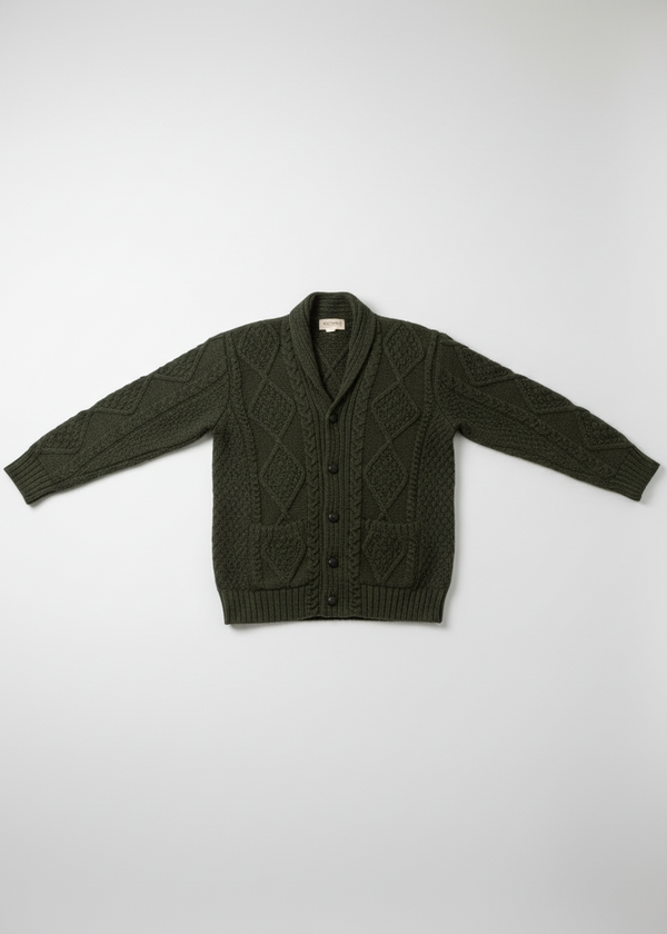 Flat lay of Army Green Aran Cardigan