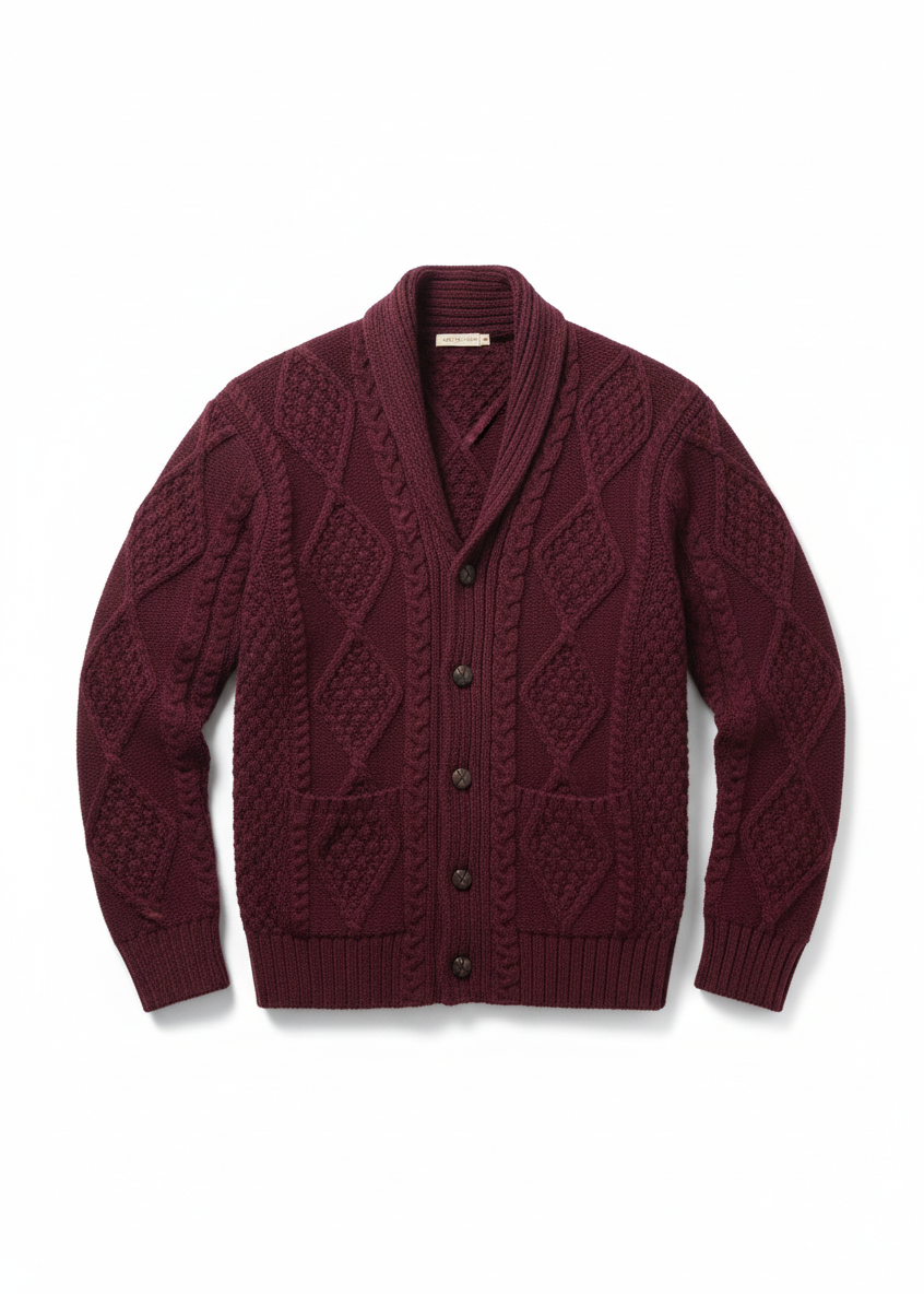 Flat lay of wine Aran cardigan