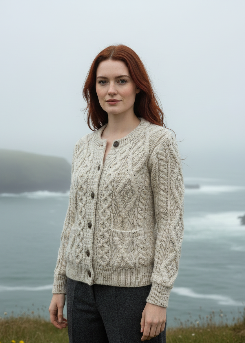 Ladies Aran Cardigan in Flecked Cream | 100% Irish Wool