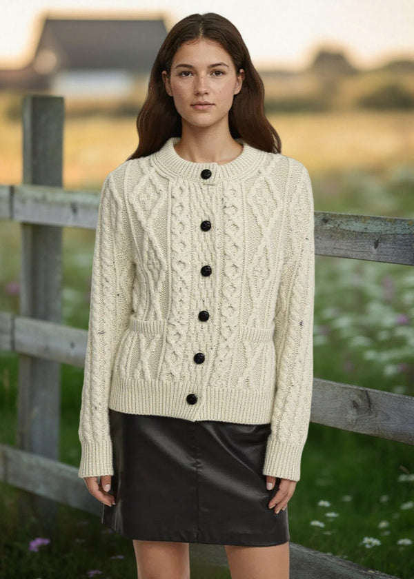 Ladies Aran Cardigan | Flecked Cream