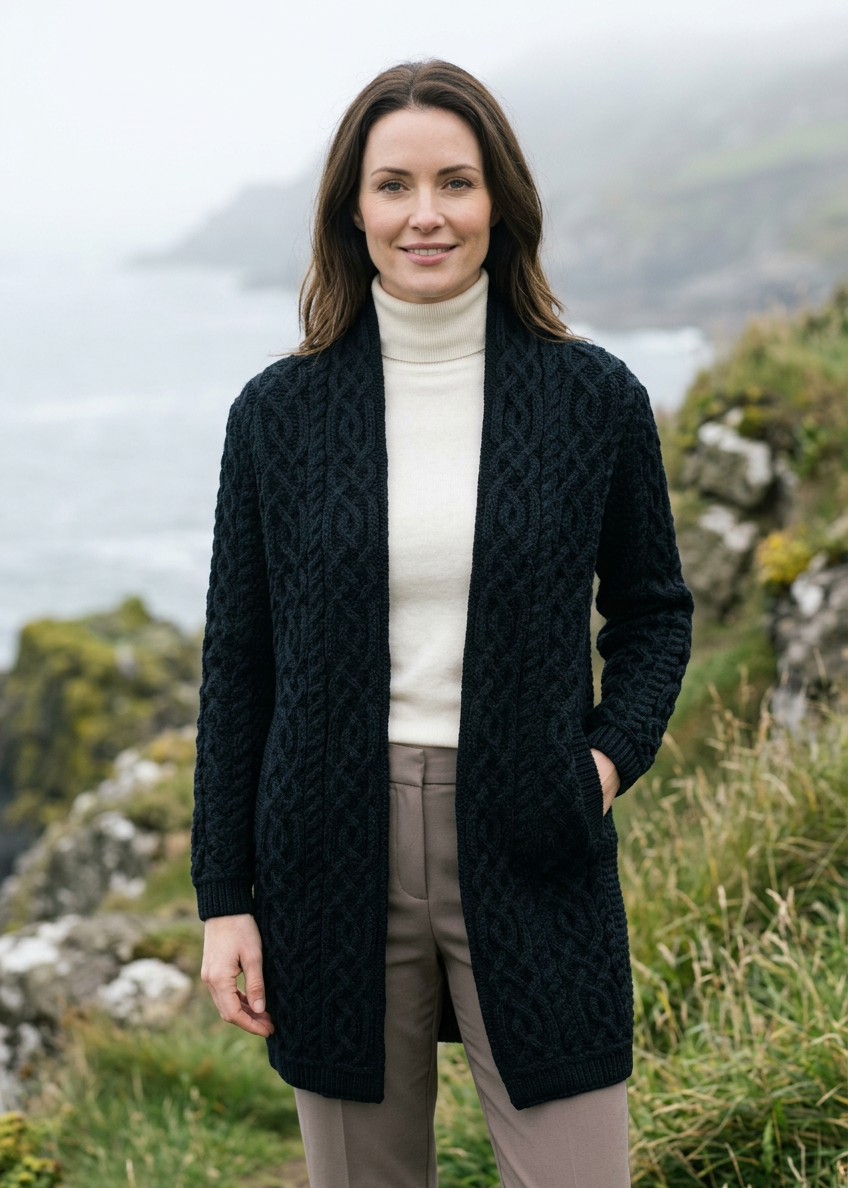 Aran Crafts Women's Black Celtic Braid Edge-to-Edge Merino Wool Coat - Clearance