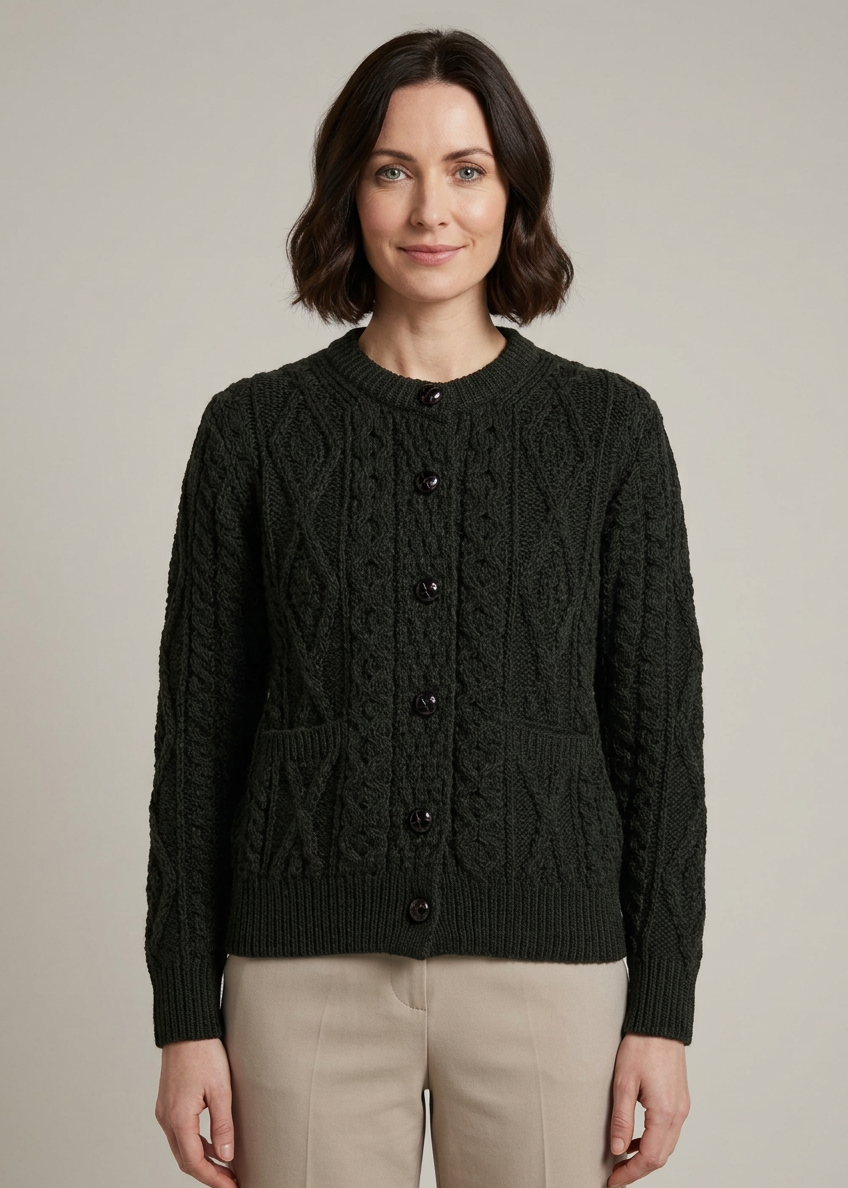 Inagh Ladies Aran Cardigan | Army Green | 100% Worsted Wool