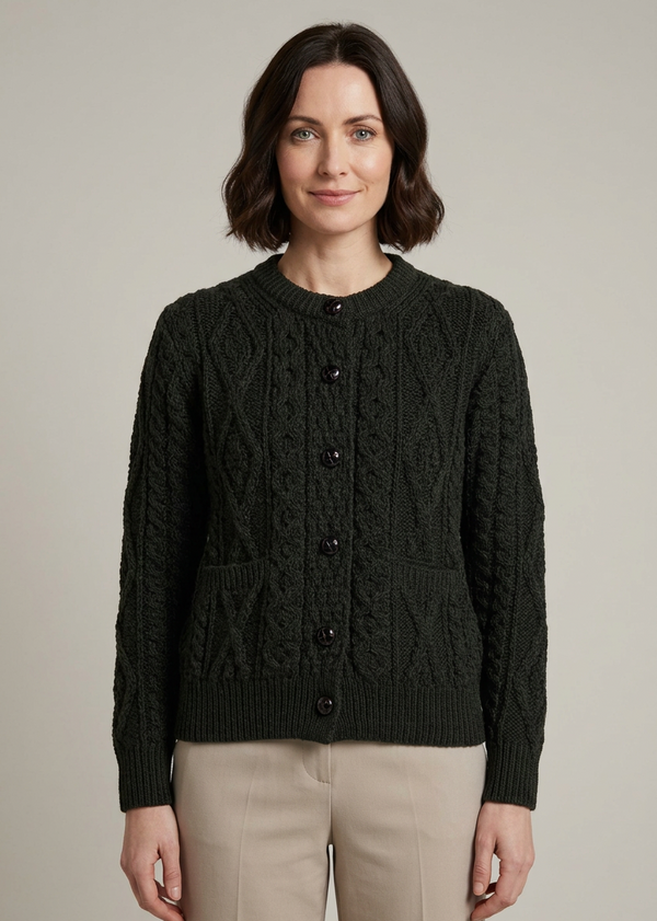 Inagh Ladies Aran Cardigan | Army Green | 100% Worsted Wool