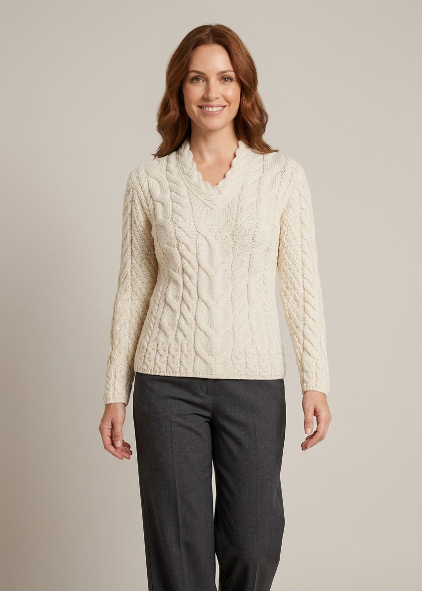 Ladies V-Neck Supersoft Merino Aran Sweater - Natural