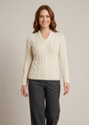 Ladies V-Neck Supersoft Merino Aran Sweater - Natural