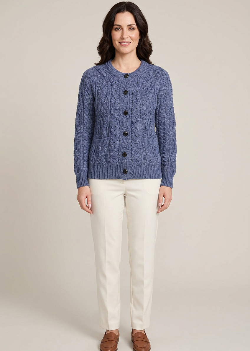 Women's Aran Cardigan in Denim Blue