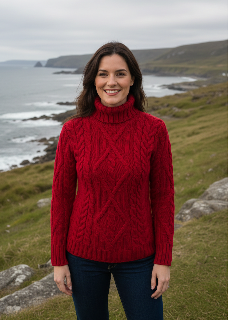Aran Garnet Red Turtleneck Sweater | 100% Merino Wool | Traditional Irish Cable Knit