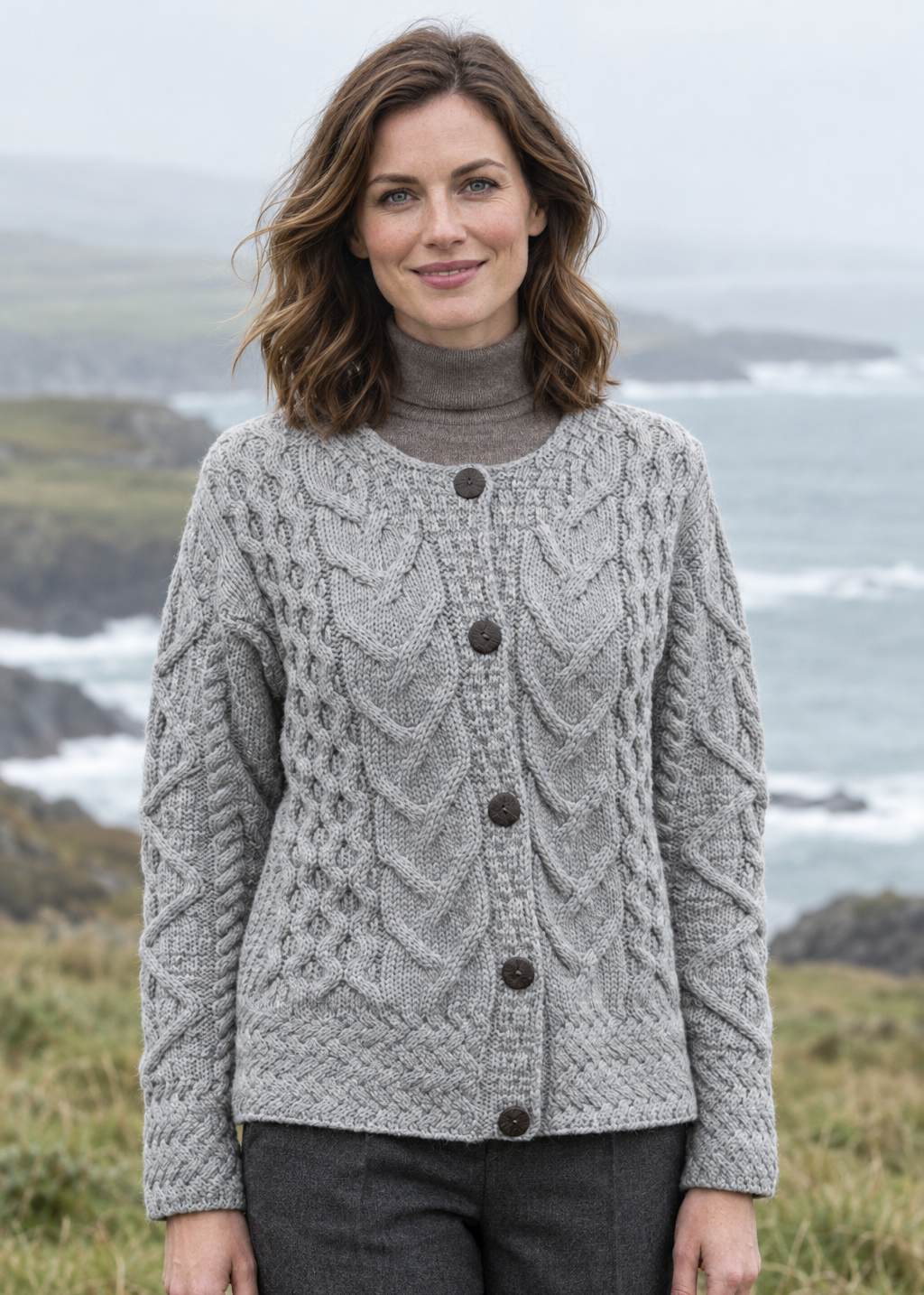 Women's Aran Cable Knit Cardigan - Grey | 100% Merino Wool