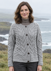 Women's Aran Cable Knit Cardigan - Grey | 100% Merino Wool