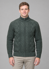 Front-facing army-green cardigan pose