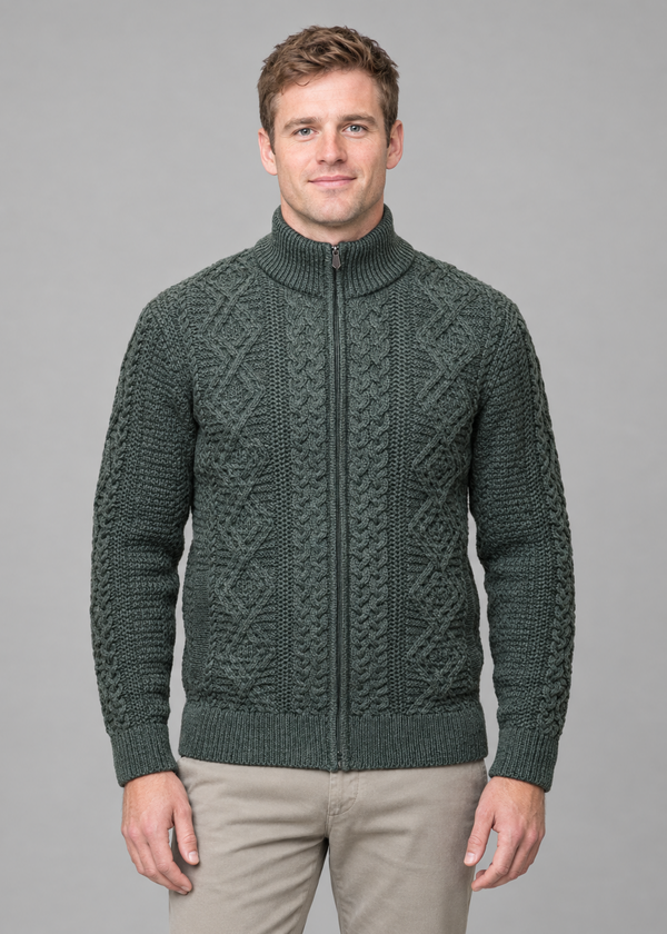 Front-facing army-green cardigan pose
