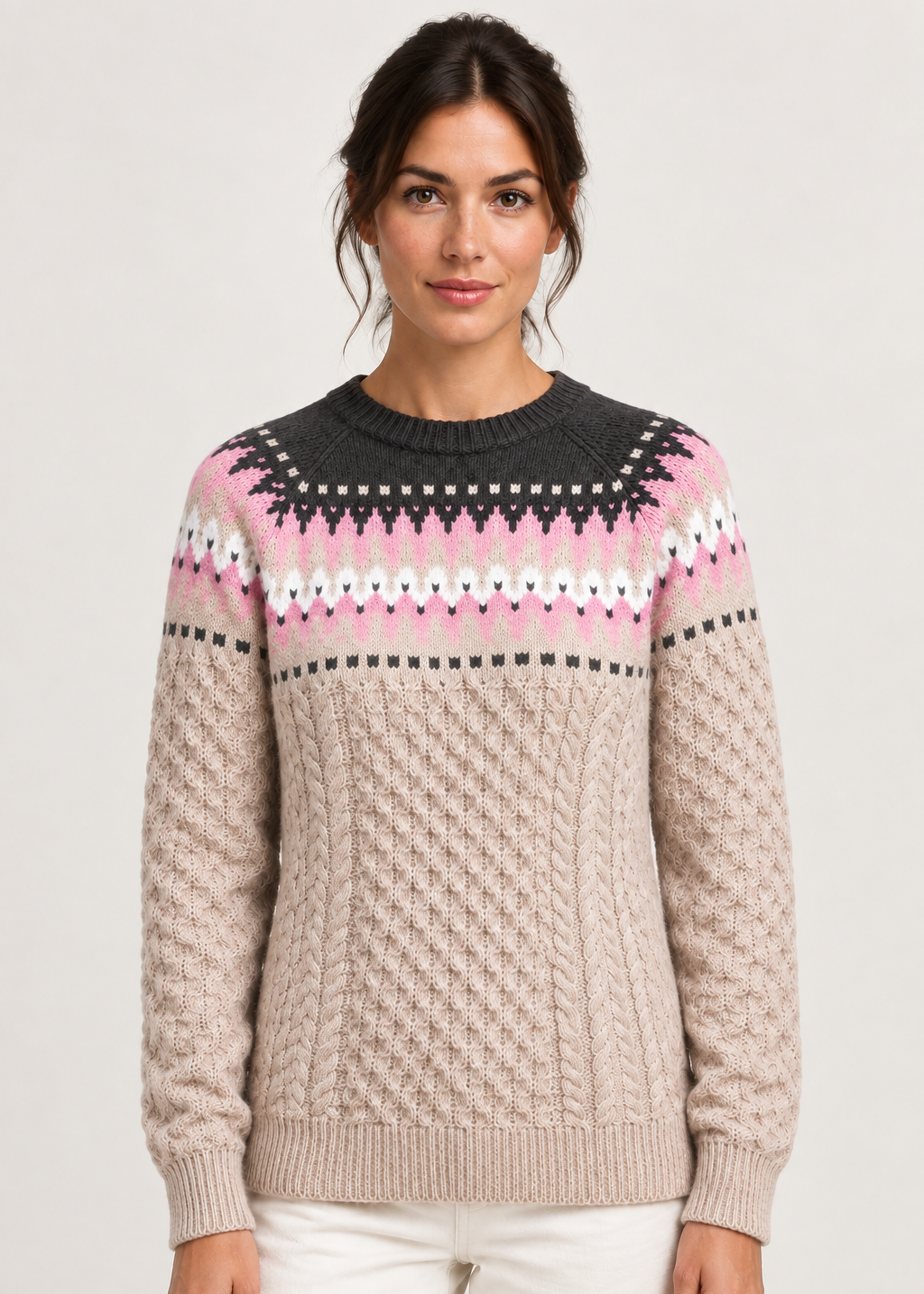Ladies Slim-Fit Aran Fair Isle Sweater | Beige