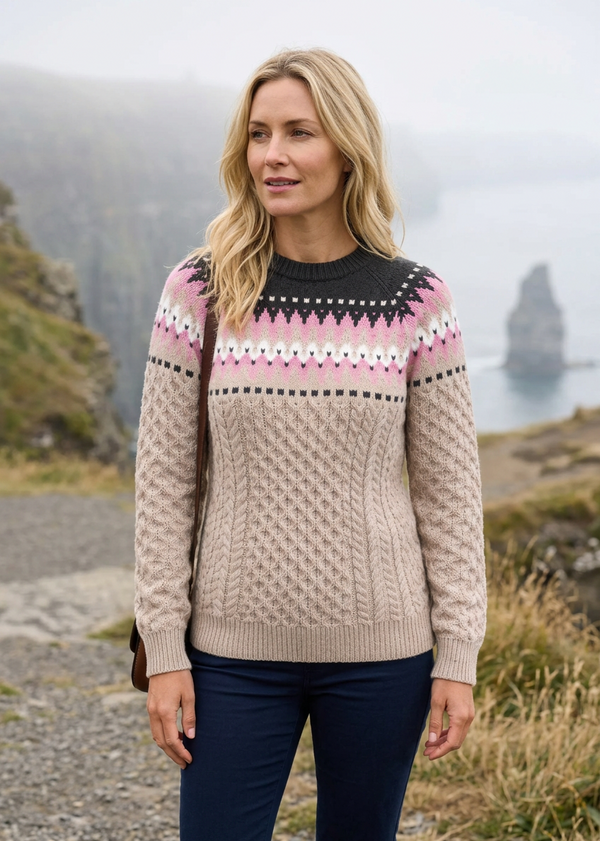 Ladies Slim-Fit Aran Fair Isle Sweater | Beige