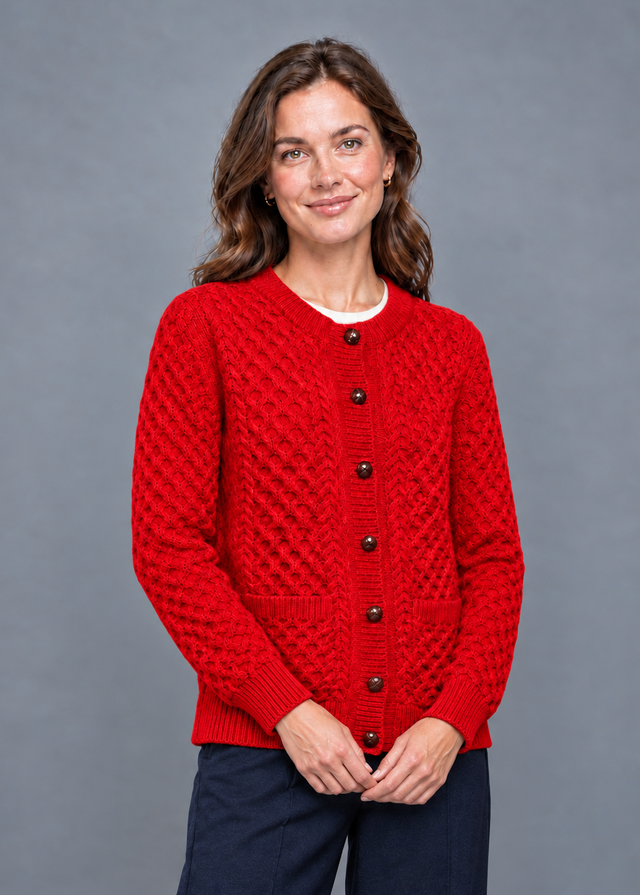 Women's Aran Merino Wool Cardigan | Traditional Honeycomb Knit | Red