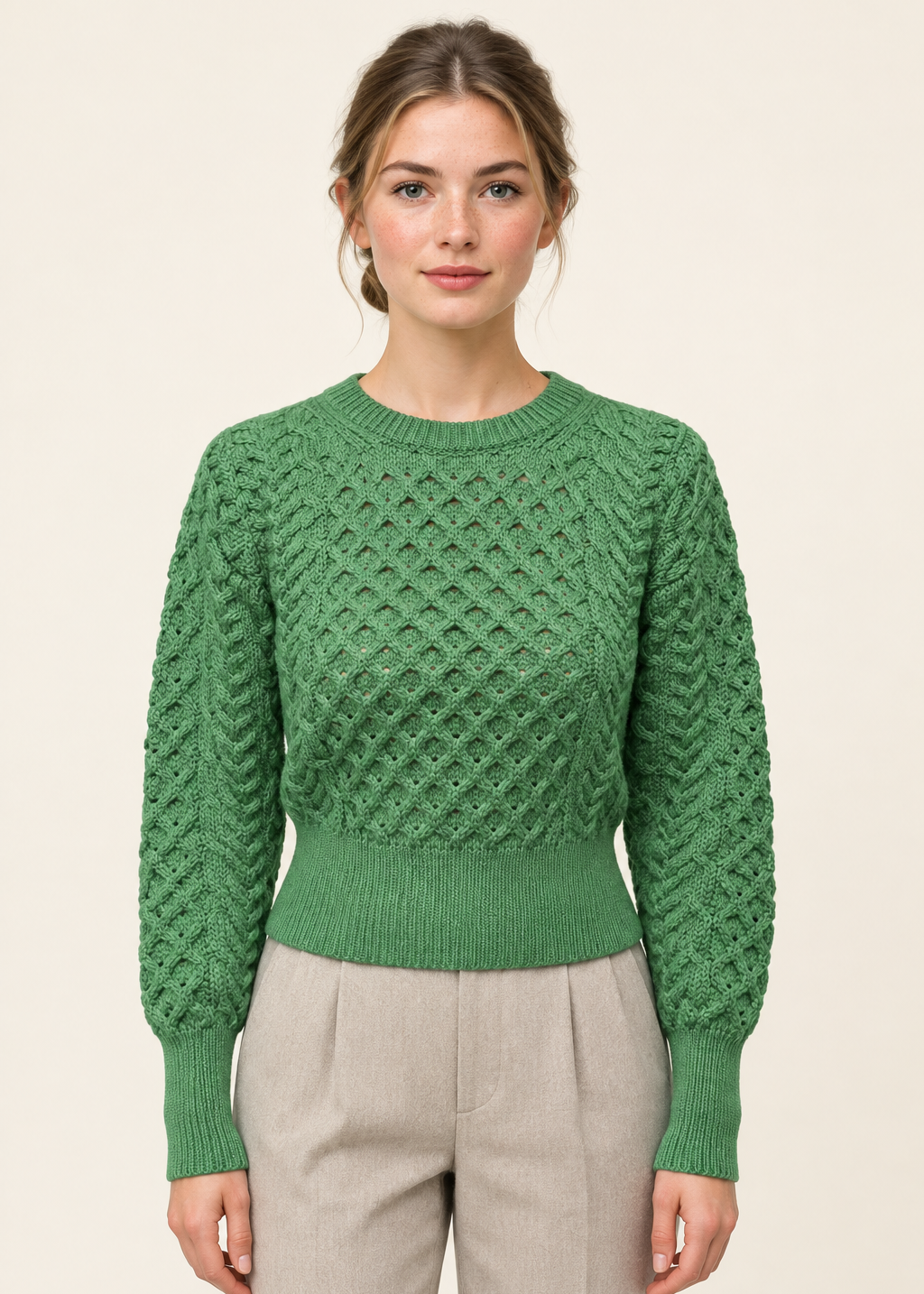 Ladies Merino Cropped Classic Aran Sweater | Green