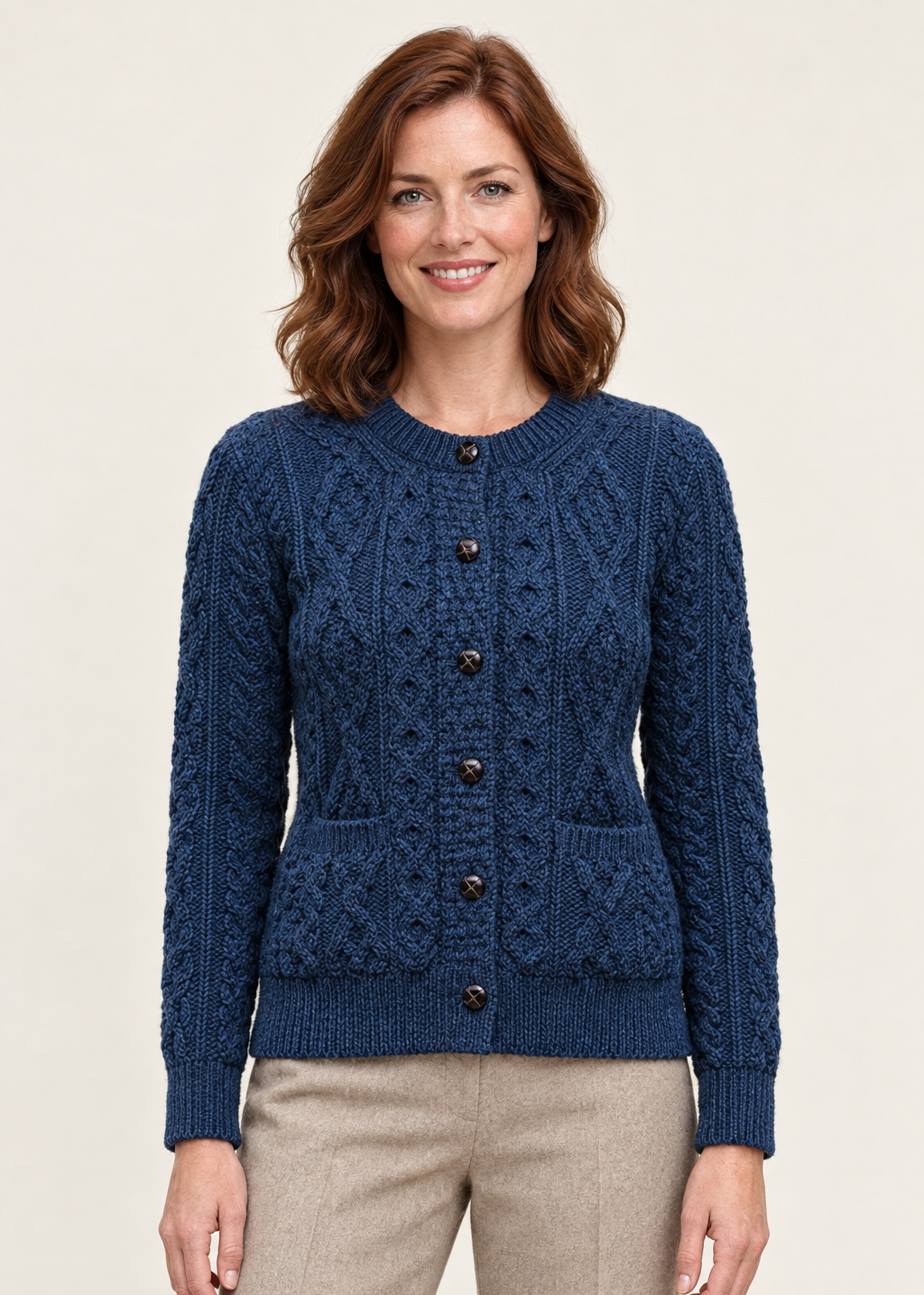 Women's Aran Cardigan Navy Green Mix | Authentic Irish Cable Knit