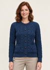 Women's Aran Cardigan Navy Green Mix | Authentic Irish Cable Knit
