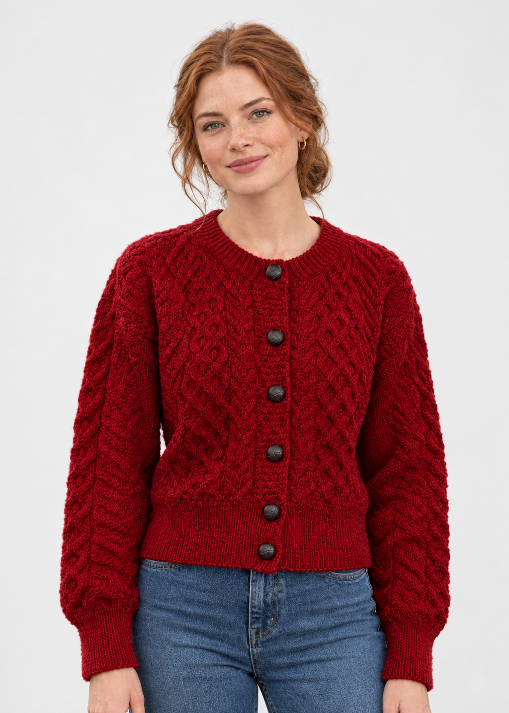 Front-facing studio version Ladies Merino Cropped Classic Aran Cardigan | Red