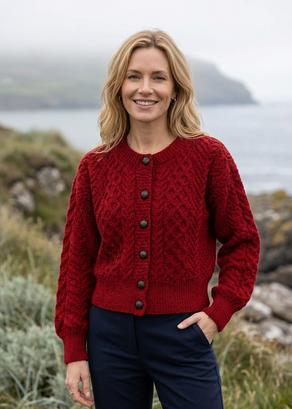 Ladies Merino Cropped Classic Aran Cardigan | Red