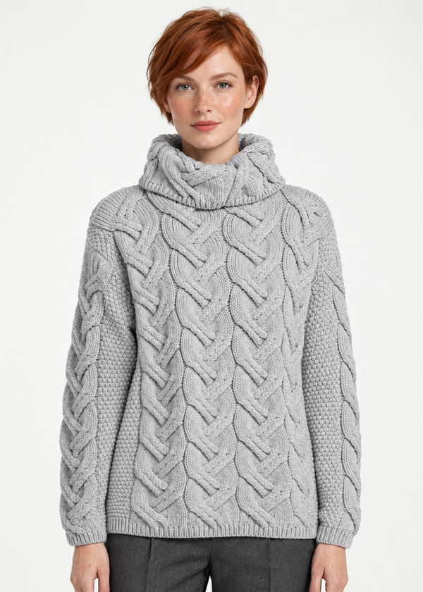 Women's Aran Cowl Neck Chunky Sweater | Grey 