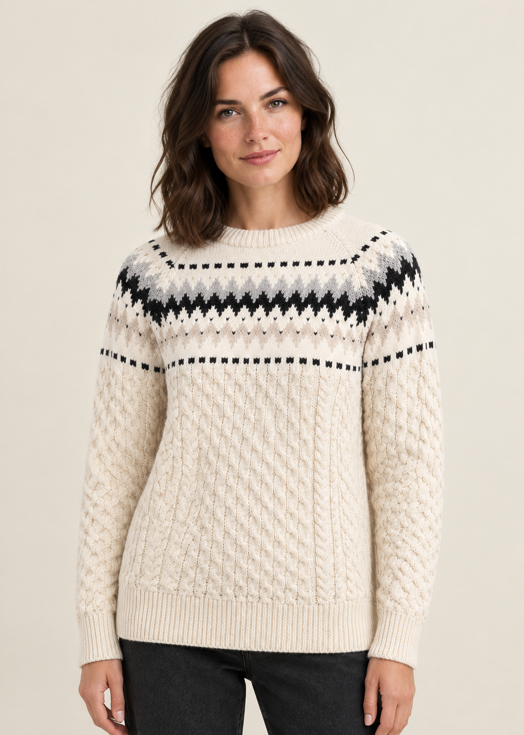 Ladies Slim-Fit Aran Fair Isle Sweater | Natural