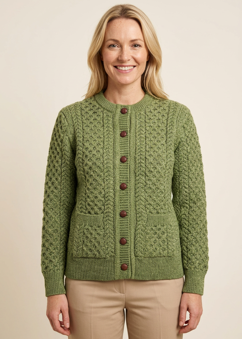 Aran Lumber Cardigan | Green Leaf | 100% Merino Wool