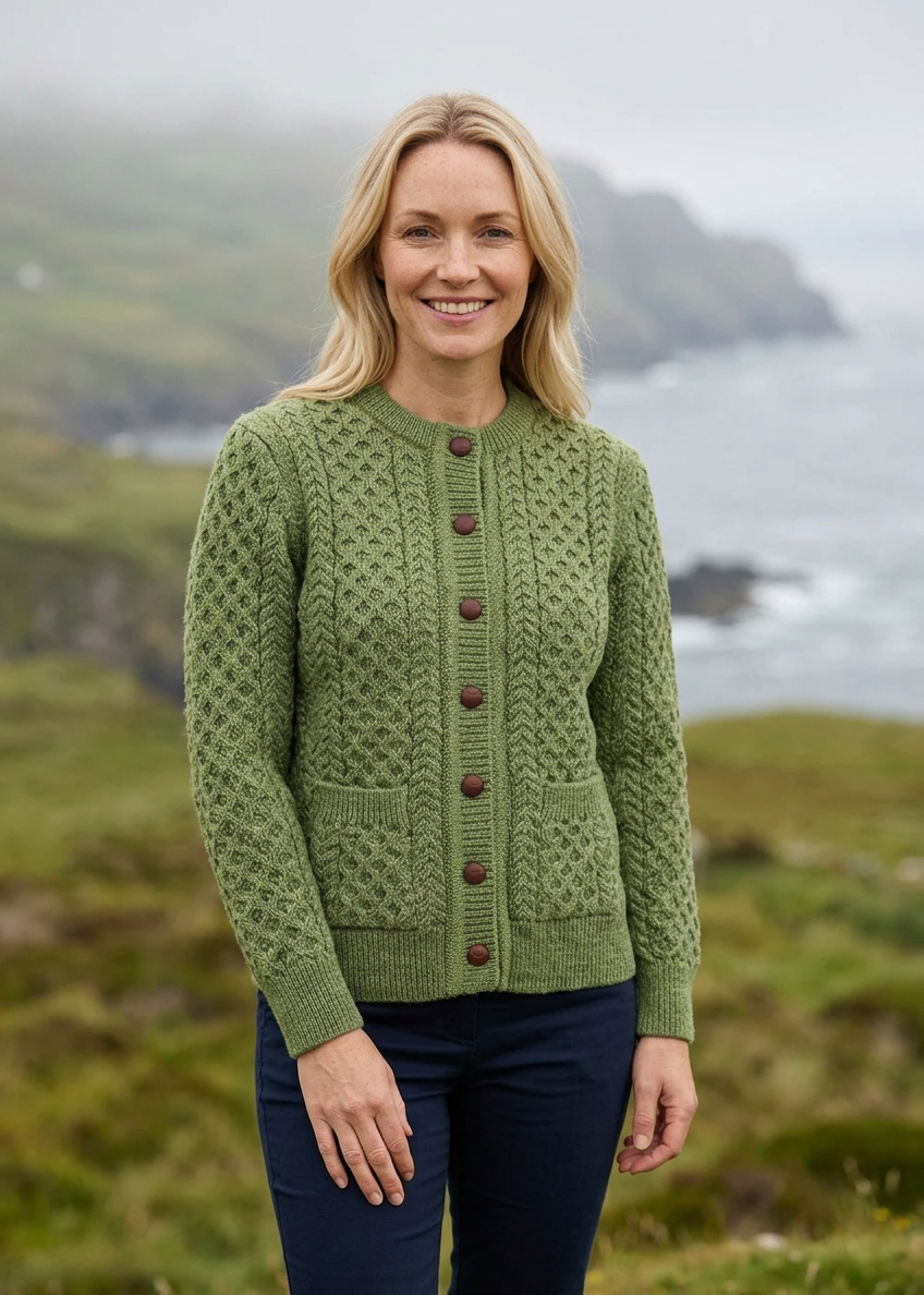 Aran Lumber Cardigan | Green Leaf | 100% Merino Wool