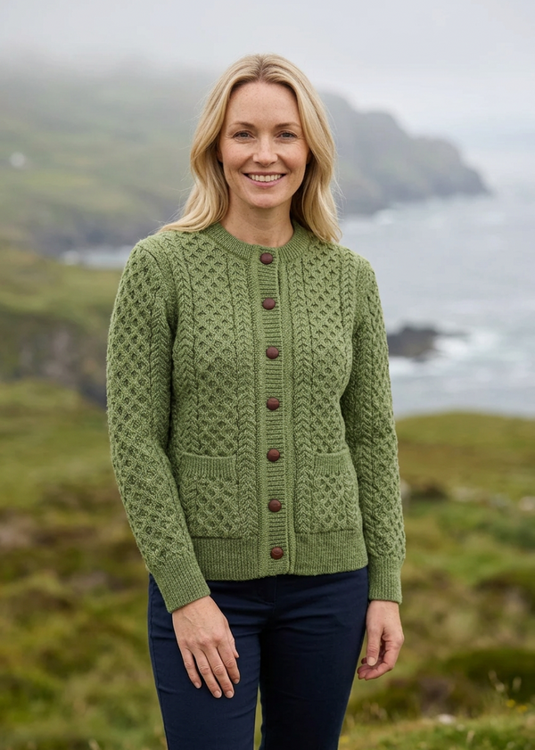 Aran Lumber Cardigan | Green Leaf | 100% Merino Wool