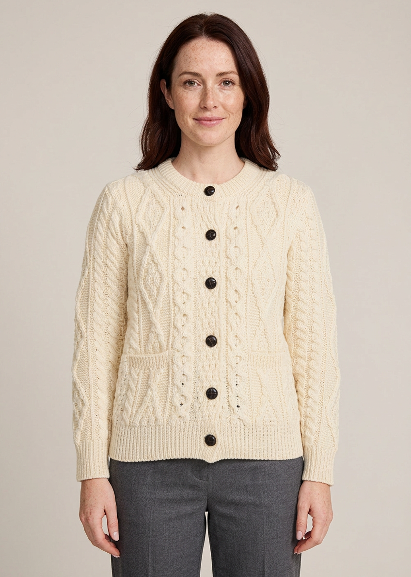 Ladies Aran Cardigan | 100% Wool | Natural