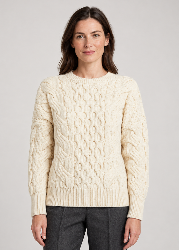 Ladies Long Crop Cable Supersoft Merino Aran Sweater | Natural