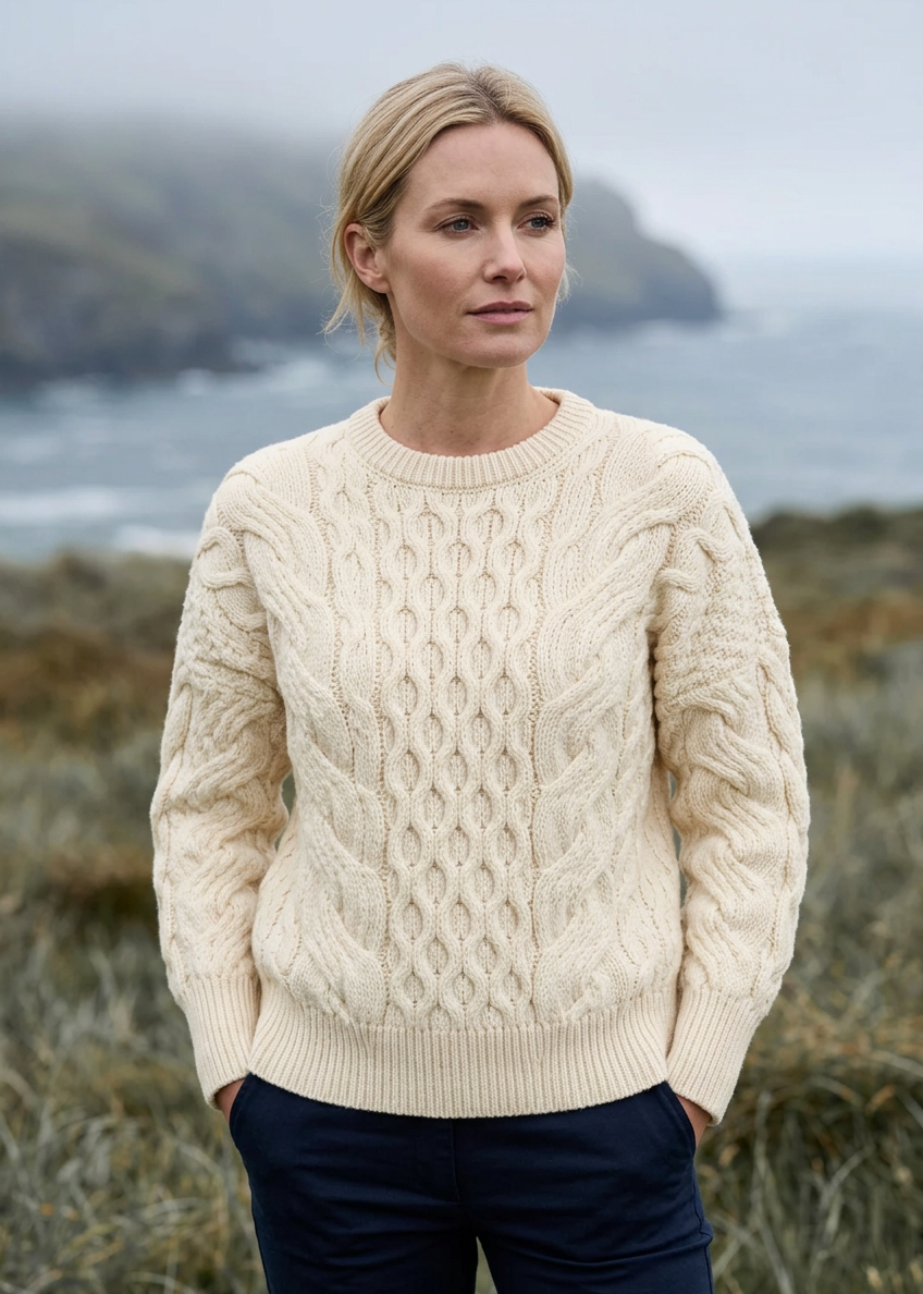 Ladies Long Crop Cable Supersoft Merino Aran Sweater | Natural