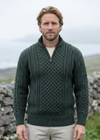 Aran Cable Knit Half Zip Sweater | 100% Merino Wool | Green