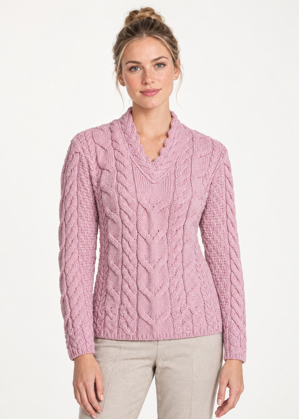 Ladies V-Neck Supersoft Merino Aran Sweater - Pink