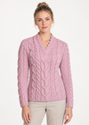 Ladies V-Neck Supersoft Merino Aran Sweater - Pink