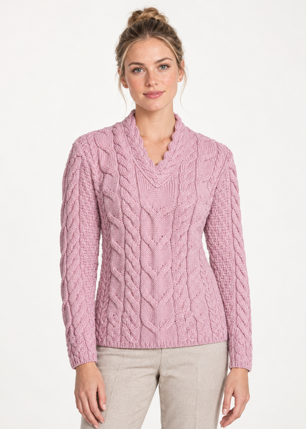 Ladies V-Neck Supersoft Merino Aran Sweater - Pink