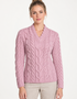 Ladies V-Neck Supersoft Merino Aran Sweater - Pink