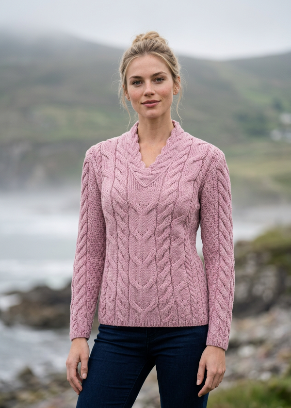 Ladies V-Neck Supersoft Merino Aran Sweater - Pink