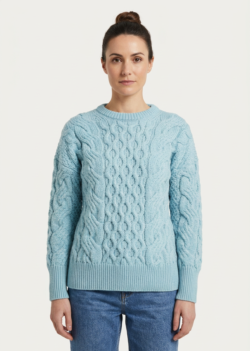 Ladies Long Crop Cable Supersoft Merino Aran Sweater | Sky Blue