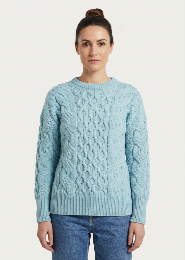 Ladies Long Crop Cable Supersoft Merino Aran Sweater | Sky Blue