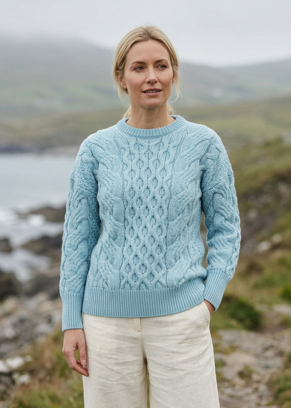 Ladies Long Crop Cable Supersoft Merino Aran Sweater | Sky Blue